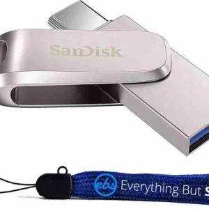 Compact silver SanDisk Ultra Dual Drive Luxe showcasing the stylish metallic design matching modern laptops.