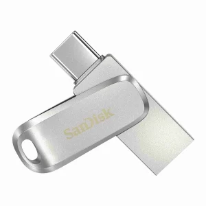 SanDisk Ultra Dual Drive Luxe 128GB metal flash drive SDDDC4-128G-G46 showing both the USB-C and USB-A connections.