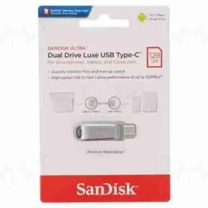 Premium SanDisk Ultra Dual Drive Luxe all metal thumb drive with the protective swivel cover open.