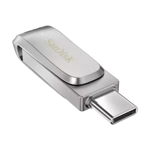 Compact silver SanDisk Ultra Dual Drive Luxe showcasing the stylish metallic design matching modern laptops.