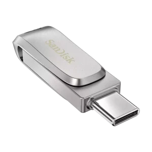 Premium SanDisk Ultra Dual Drive Luxe all metal thumb drive with the protective swivel cover open.