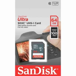 Everyday SanDisk Ultra SDXC flash memory card highlighting the physical write protect lock switch on the side.