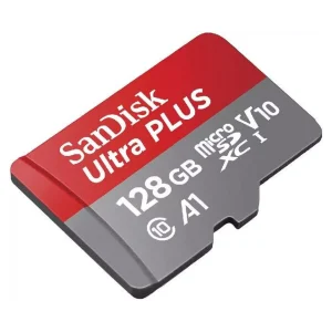 Compact SanDisk Ultra 128 gigabyte microSD card showing the A1 and Class 10 mobile performance branding icons.