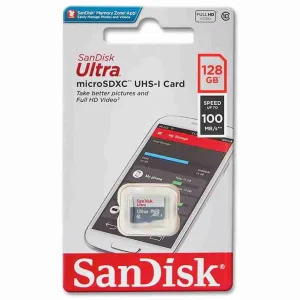 Budget friendly SanDisk Ultra 128 gigabyte microSD card highlighting the Class 10 and U1 speed ratings.