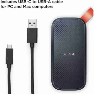 High speed SanDisk Portable solid state drive showing the USB-C port interface on a plain background.