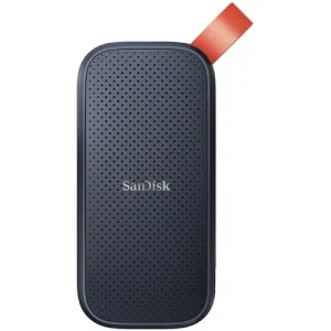 SanDisk Portable 1TB external SSD SDSSDE30-1T00-G26 highlighting the compact black design and built-in rubber hook.
